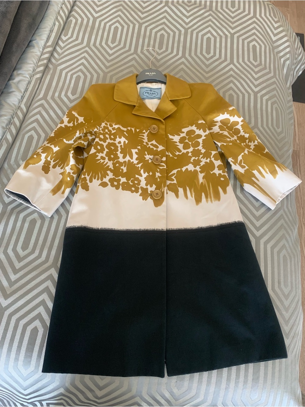 Prada Mustard, White & Black Floral Colorblock Coat